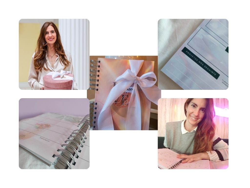 quatro imagens do interior da agenda adn love com um laço branco