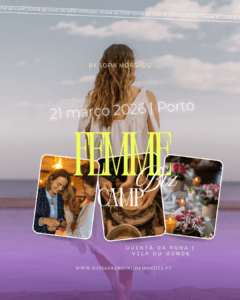 imagem com mulher no centro e imagem de praia com três imagens de experiências de mulheres, barro e flores com velas